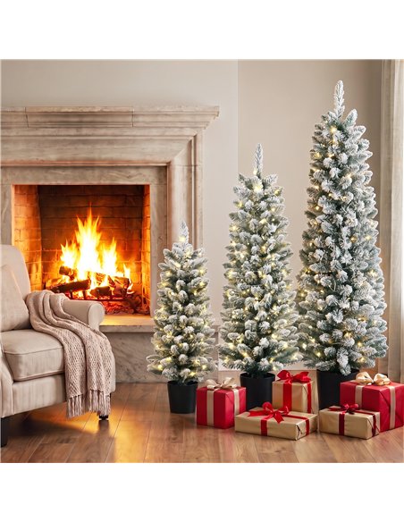 HOMCOM Prelit Snowy Flocked Artificial Christmas Tree Set of 3, Slim Xmas Tree with PVC Tips, 3FT+4FT+5FT - pic 210464 | FastDaddyshop