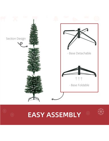 HOMCOM 7.5FT Artificial Snow Dipped Christmas Tree Xmas Pencil Tree Holiday Home Indoor Decoration with Foldable Black Stand, Gr