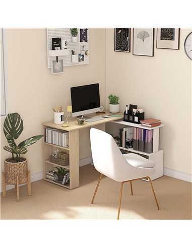 HOMCOM Corner Computer Desk, L Shaped Desk with 360° Rotating Bookshelf, 120L x 110W x 74.5H cm, Natural and White