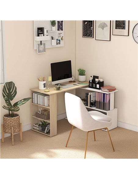 HOMCOM Corner Computer Desk, L Shaped Desk with 360° Rotating Bookshelf, 120L x 110W x 74.5H cm, Natural and White - pic 210511 | FastDaddyshop