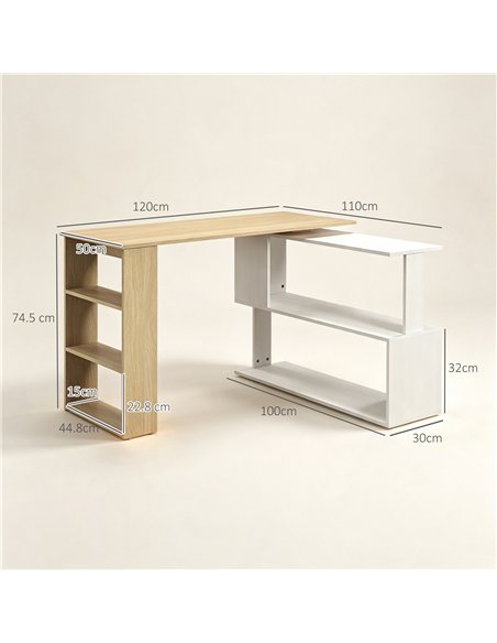 HOMCOM Corner Computer Desk, L Shaped Desk with 360° Rotating Bookshelf, 120L x 110W x 74.5H cm, Natural and White - pic 210512 | FastDaddyshop