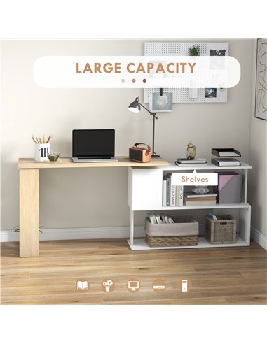 HOMCOM Corner Computer Desk, L Shaped Desk with 360° Rotating Bookshelf, 120L x 110W x 74.5H cm, Natural and White