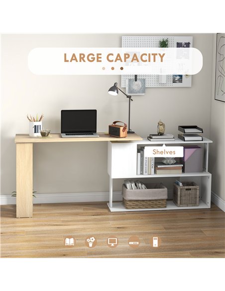 HOMCOM Corner Computer Desk, L Shaped Desk with 360° Rotating Bookshelf, 120L x 110W x 74.5H cm, Natural and White - pic 210513 | FastDaddyshop