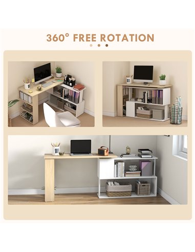 HOMCOM Corner Computer Desk, L Shaped Desk with 360° Rotating Bookshelf, 120L x 110W x 74.5H cm, Natural and White