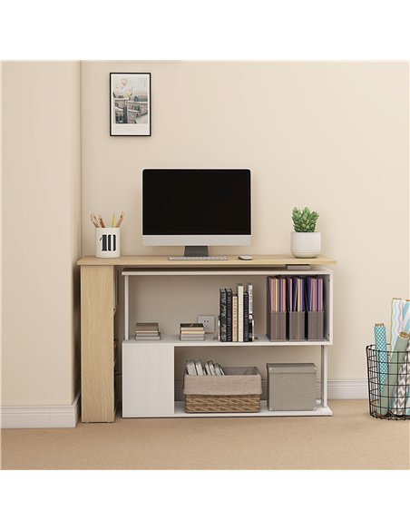 HOMCOM Corner Computer Desk, L Shaped Desk with 360° Rotating Bookshelf, 120L x 110W x 74.5H cm, Natural and White - pic 210515 | FastDaddyshop