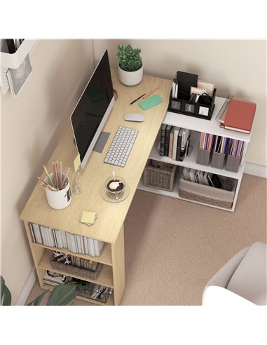 HOMCOM Corner Computer Desk, L Shaped Desk with 360° Rotating Bookshelf, 120L x 110W x 74.5H cm, Natural and White