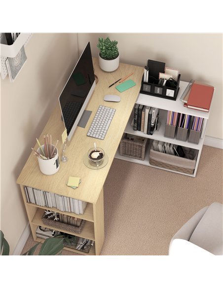 HOMCOM Corner Computer Desk, L Shaped Desk with 360° Rotating Bookshelf, 120L x 110W x 74.5H cm, Natural and White - pic 210516 | FastDaddyshop