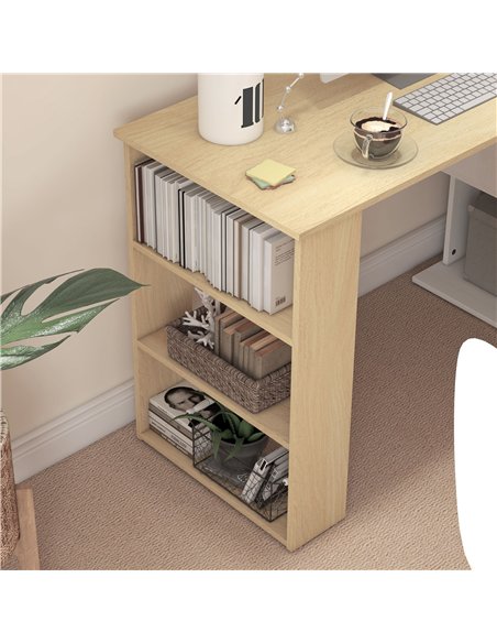 HOMCOM Corner Computer Desk, L Shaped Desk with 360° Rotating Bookshelf, 120L x 110W x 74.5H cm, Natural and White - pic 210518 | FastDaddyshop