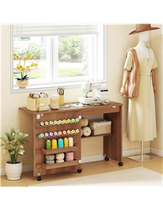 HOMCOM Folding Sewing Table, Rolling Craft Table with Storage compartments, Shelf and Lockable Casters for Small Spaces, Brown 2