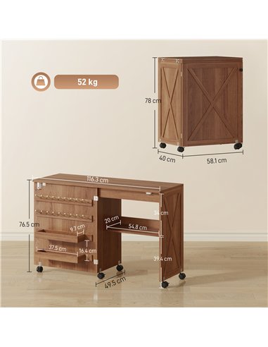 HOMCOM Folding Sewing Table, Rolling Craft Table with Storage compartments, Shelf and Lockable Casters for Small Spaces, Brown