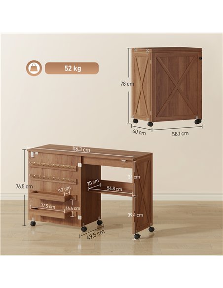 HOMCOM Folding Sewing Table, Rolling Craft Table with Storage compartments, Shelf and Lockable Casters for Small Spaces, Brown - pic 210548 | FastDaddyshop