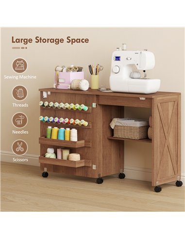 HOMCOM Folding Sewing Table, Rolling Craft Table with Storage compartments, Shelf and Lockable Casters for Small Spaces, Brown