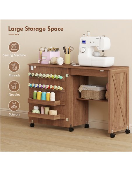 HOMCOM Folding Sewing Table, Rolling Craft Table with Storage compartments, Shelf and Lockable Casters for Small Spaces, Brown - pic 210549 | FastDaddyshop