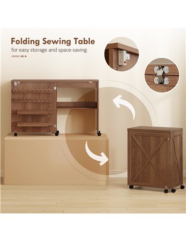 HOMCOM Folding Sewing Table, Rolling Craft Table with Storage compartments, Shelf and Lockable Casters for Small Spaces, Brown
