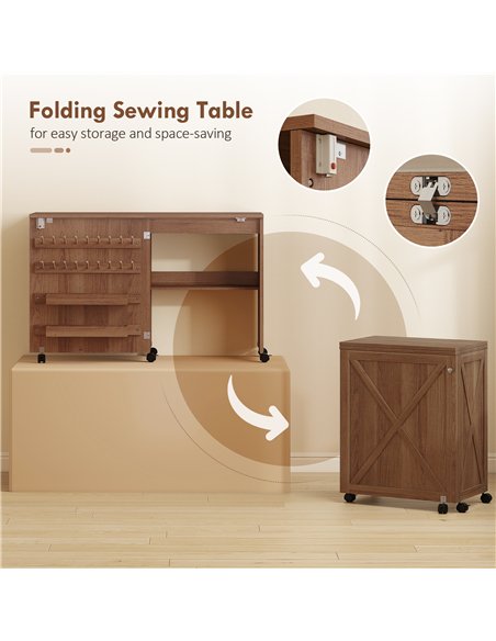 HOMCOM Folding Sewing Table, Rolling Craft Table with Storage compartments, Shelf and Lockable Casters for Small Spaces, Brown - pic 210550 | FastDaddyshop