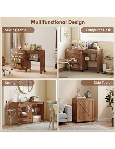 HOMCOM Folding Sewing Table, Rolling Craft Table with Storage compartments, Shelf and Lockable Casters for Small Spaces, Brown