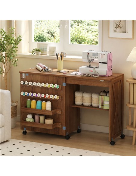 HOMCOM Folding Sewing Table, Rolling Craft Table with Storage compartments, Shelf and Lockable Casters for Small Spaces, Brown - pic 210553 | FastDaddyshop