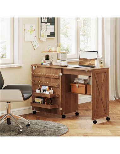 HOMCOM Folding Sewing Table, Rolling Craft Table with Storage compartments, Shelf and Lockable Casters for Small Spaces, Brown