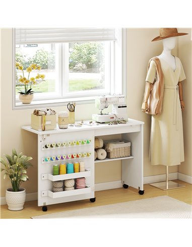 HOMCOM Folding Sewing Table, Rolling Craft Table with Storage compartments, Shelf and Lockable Casters for Small Spaces, White