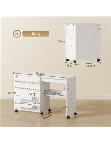 HOMCOM Folding Sewing Table, Rolling Craft Table with Storage compartments, Shelf and Lockable Casters for Small Spaces, White