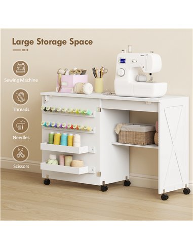 HOMCOM Folding Sewing Table, Rolling Craft Table with Storage compartments, Shelf and Lockable Casters for Small Spaces, White
