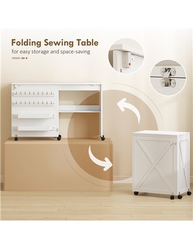 HOMCOM Folding Sewing Table, Rolling Craft Table with Storage compartments, Shelf and Lockable Casters for Small Spaces, White