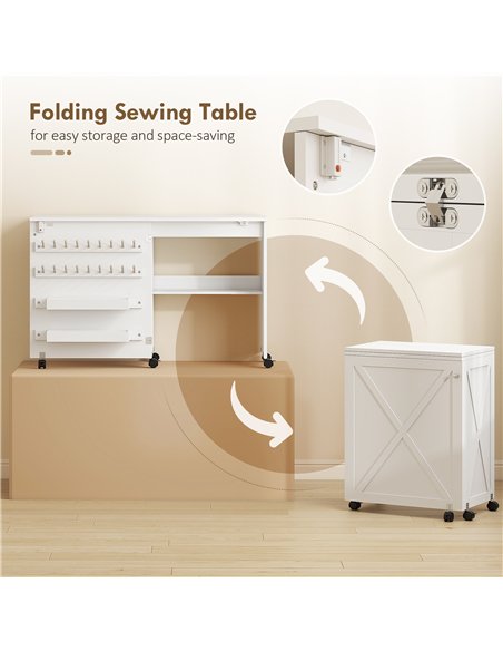 HOMCOM Folding Sewing Table, Rolling Craft Table with Storage compartments, Shelf and Lockable Casters for Small Spaces, White - pic 210559 | FastDaddyshop