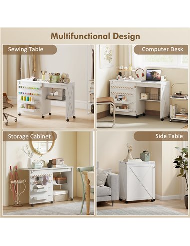 HOMCOM Folding Sewing Table, Rolling Craft Table with Storage compartments, Shelf and Lockable Casters for Small Spaces, White