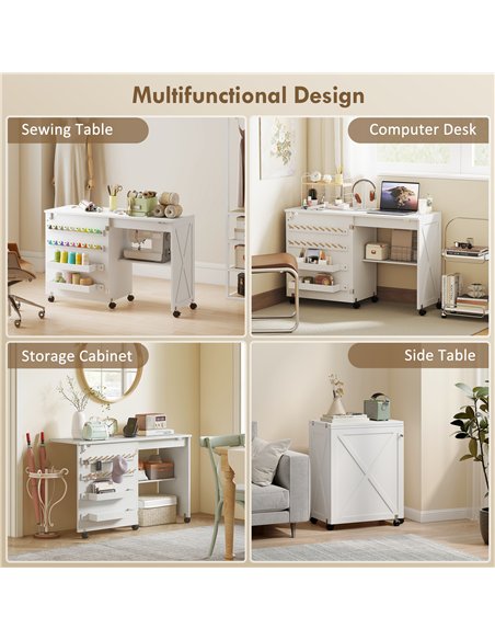HOMCOM Folding Sewing Table, Rolling Craft Table with Storage compartments, Shelf and Lockable Casters for Small Spaces, White - pic 210560 | FastDaddyshop