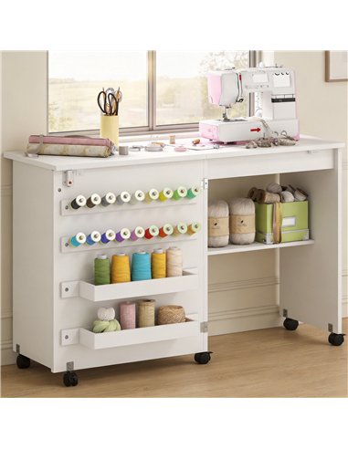HOMCOM Folding Sewing Table, Rolling Craft Table with Storage compartments, Shelf and Lockable Casters for Small Spaces, White