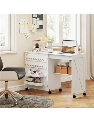 HOMCOM Folding Sewing Table, Rolling Craft Table with Storage compartments, Shelf and Lockable Casters for Small Spaces, White