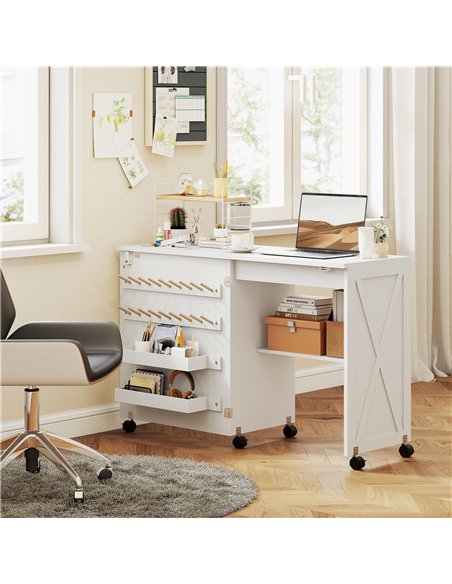 HOMCOM Folding Sewing Table, Rolling Craft Table with Storage compartments, Shelf and Lockable Casters for Small Spaces, White - pic 210563 | FastDaddyshop