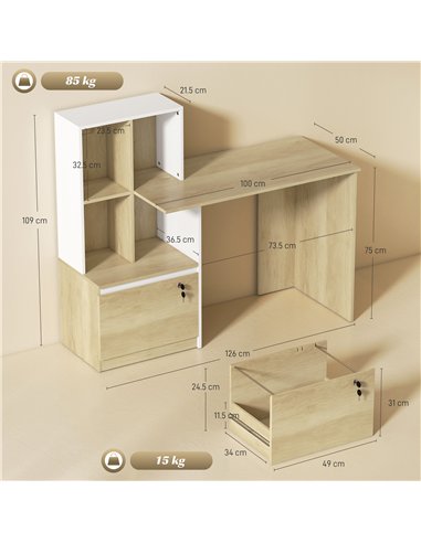 HOMCOM Computer Desk, Office Desk with Bookshelf, File Drawer and Legal Hanging File Holders, Oak Wood Effect