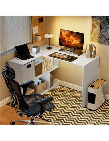 HOMCOM L Shaped Computer Desk, 110 x 100cm Reversible Corner Desk with Fabric Drawer and Storage Shelves, White