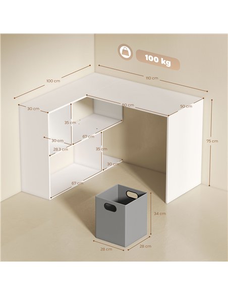 HOMCOM L Shaped Computer Desk, 110 x 100cm Reversible Corner Desk with Fabric Drawer and Storage Shelves, White - pic 210575 | FastDaddyshop