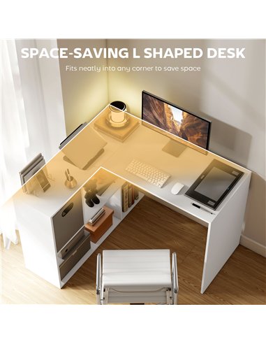 HOMCOM L Shaped Computer Desk, 110 x 100cm Reversible Corner Desk with Fabric Drawer and Storage Shelves, White