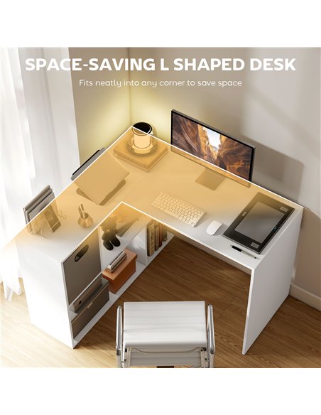 HOMCOM L Shaped Computer Desk, 110 x 100cm Reversible Corner Desk with Fabric Drawer and Storage Shelves, White - pic 210576 | FastDaddyshop