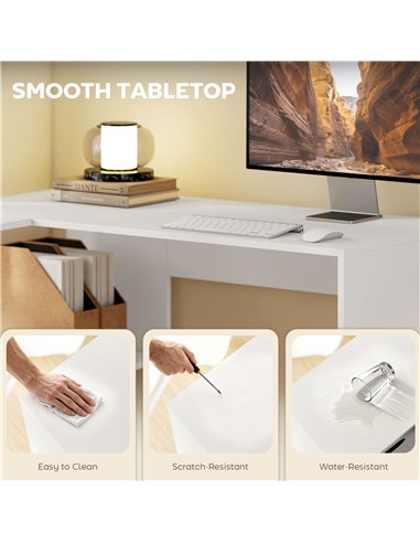 HOMCOM L Shaped Computer Desk, 110 x 100cm Reversible Corner Desk with Fabric Drawer and Storage Shelves, White