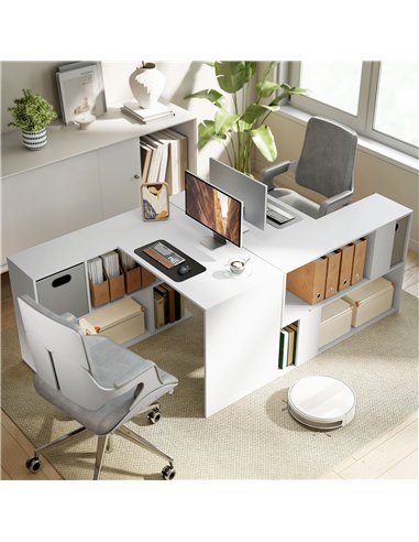 HOMCOM L Shaped Computer Desk, 110 x 100cm Reversible Corner Desk with Fabric Drawer and Storage Shelves, White