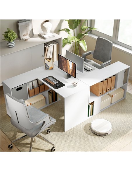HOMCOM L Shaped Computer Desk, 110 x 100cm Reversible Corner Desk with Fabric Drawer and Storage Shelves, White - pic 210579 | FastDaddyshop