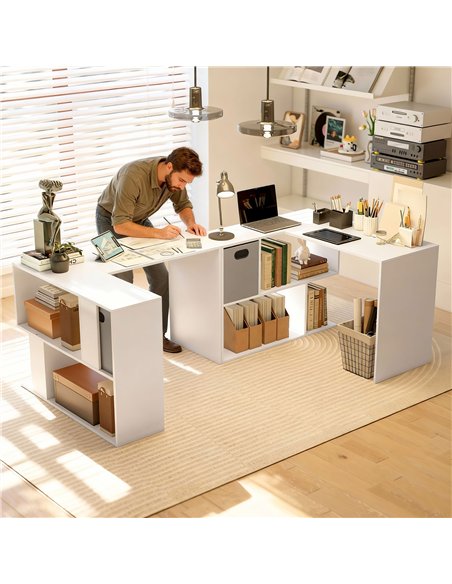 HOMCOM L Shaped Computer Desk, 110 x 100cm Reversible Corner Desk with Fabric Drawer and Storage Shelves, White - pic 210580 | FastDaddyshop