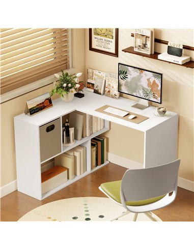 HOMCOM L Shaped Computer Desk, 110 x 100cm Reversible Corner Desk with Fabric Drawer and Storage Shelves, White