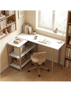 HOMCOM Computer Desk with Storage Shelves Modern Writing Desk Bamboo Frame for Home Office 150 cm White and Oak 2