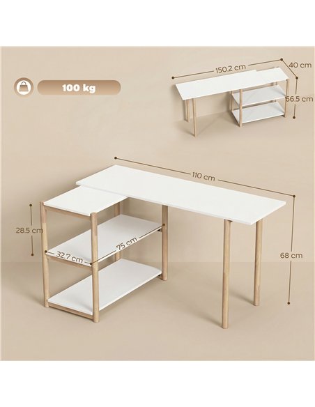 HOMCOM Computer Desk with Storage Shelves Modern Writing Desk Bamboo Frame for Home Office 150 cm White and Oak - pic 210602 | FastDaddyshop