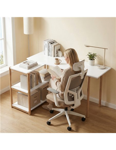 HOMCOM Computer Desk with Storage Shelves Modern Writing Desk Bamboo Frame for Home Office 150 cm White and Oak - pic 210606 | FastDaddyshop