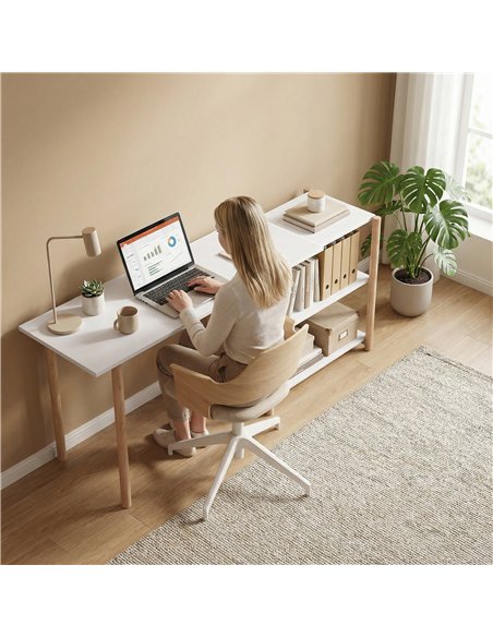 HOMCOM Computer Desk with Storage Shelves Modern Writing Desk Bamboo Frame for Home Office 150 cm White and Oak - pic 210607 | FastDaddyshop