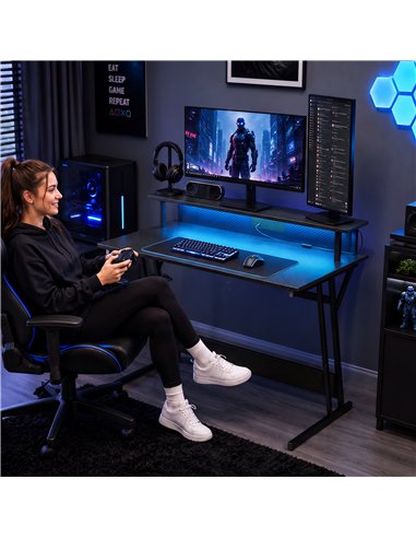 HOMCOM Two-Level LED Gaming Desk - Black