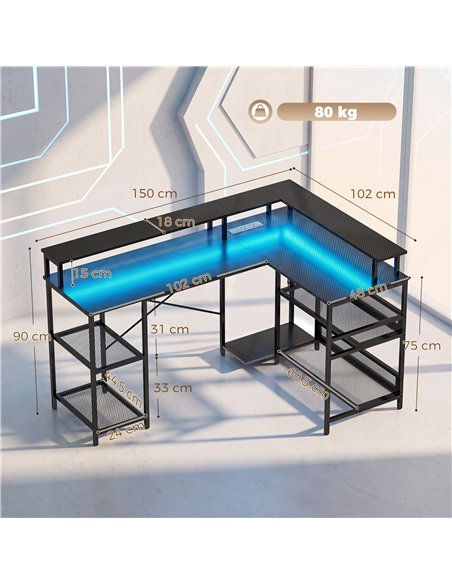 HOMCOM L Shaped Gaming Desk with LED Lights and Power Outlets, 150cm Corner Computer Desk for Small Space, Black - pic 210638 | FastDaddyshop
