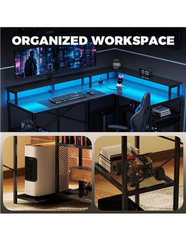 HOMCOM L Shaped Gaming Desk with LED Lights and Power Outlets, 150cm Corner Computer Desk for Small Space, Black