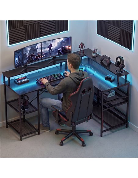 HOMCOM L Shaped Gaming Desk with LED Lights and Power Outlets, 150cm Corner Computer Desk for Small Space, Black - pic 210643 | FastDaddyshop